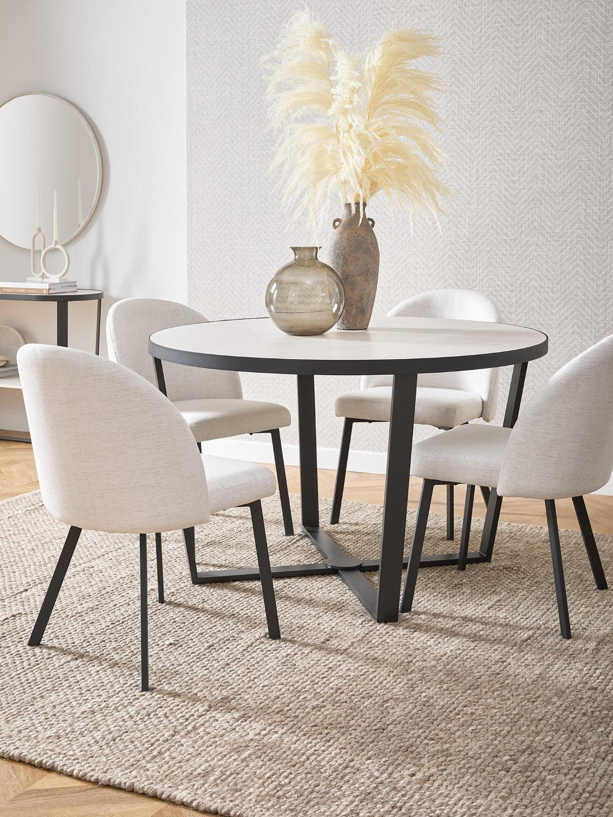 Dining Set 120cm Ceramic Table & 4 Fabric Chairs Metal Frame