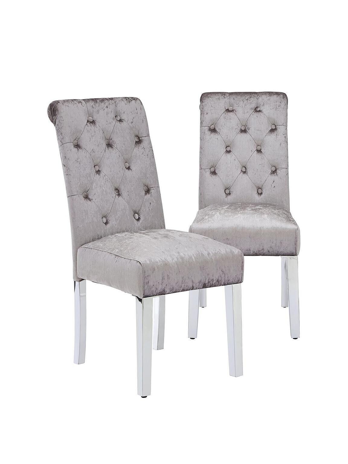 Pair Crushed Velvet Scroll Back Dining Chairs Silver Chrome Elegant Seating