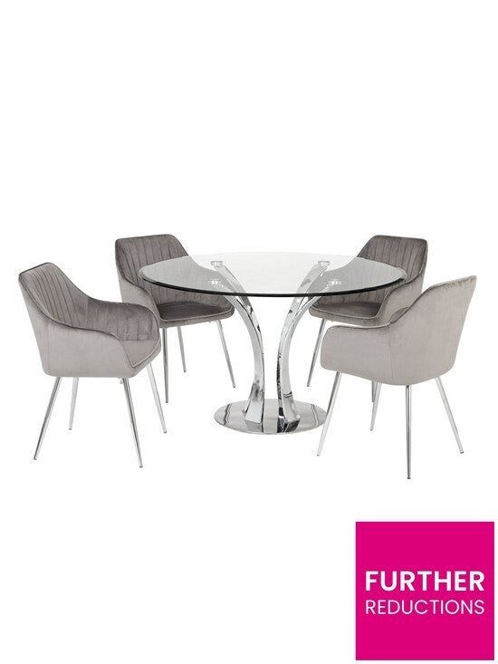 Alice Glass Top Dining Table & 4 Alisha Chairs Chrome Stylish Dining Set