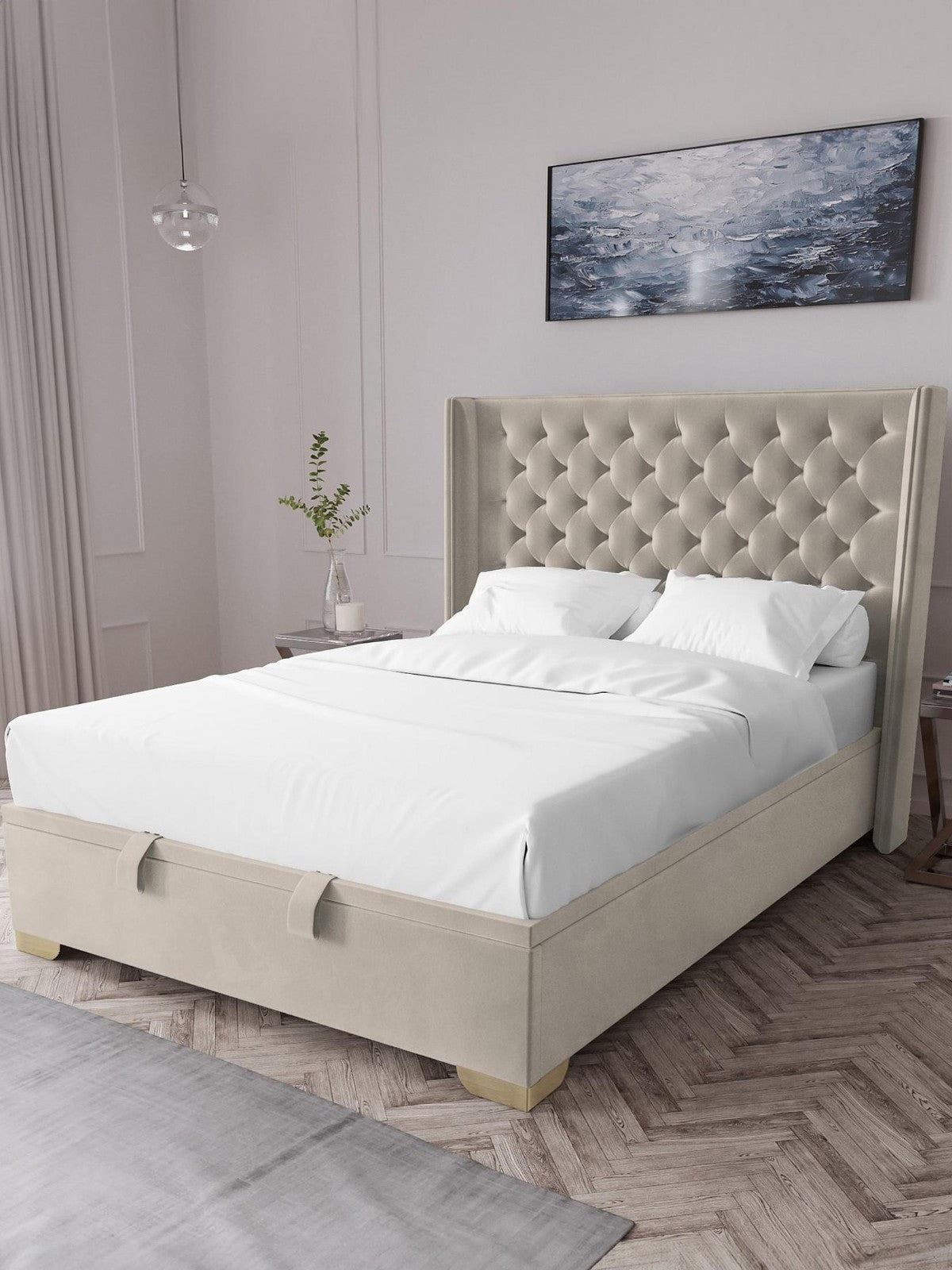 Franklin Velvet Lift Up Ottoman Bed Double Buttoned Headboard