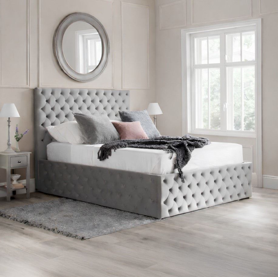 Kingston Velvet Fabric Ottoman Storage Bed 4ft6 Double Quilted Headboard