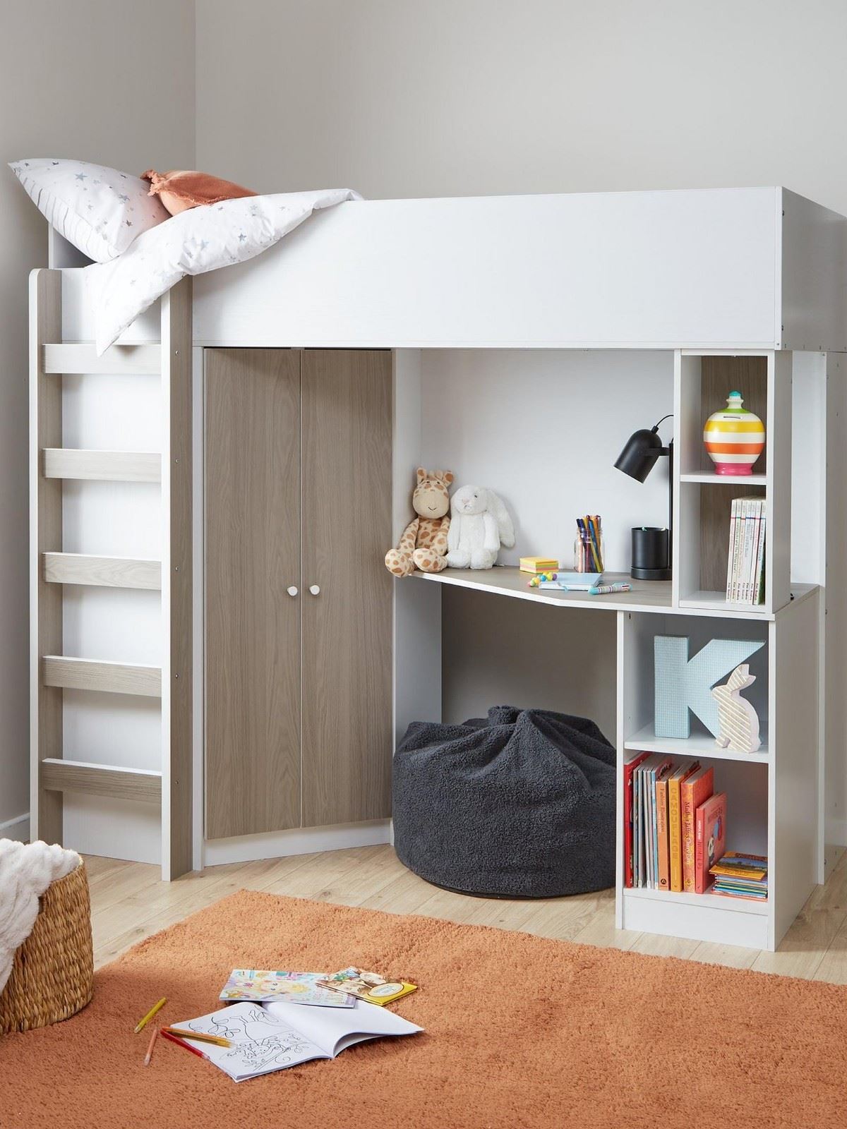 Miami Fresh High Sleeper Bed White & Grey Oak | with Wardrobe & Desk | Kids