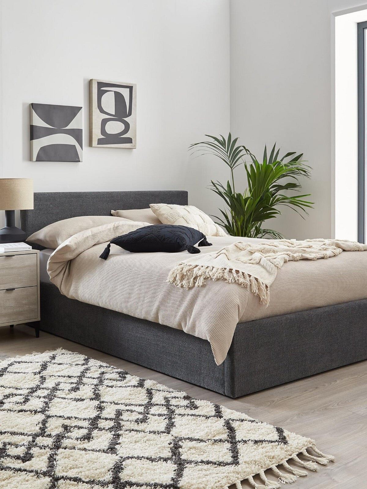 Porto End Lift Up Storage Ottoman Double Bed Dark Grey Textural Chenille Fabric
