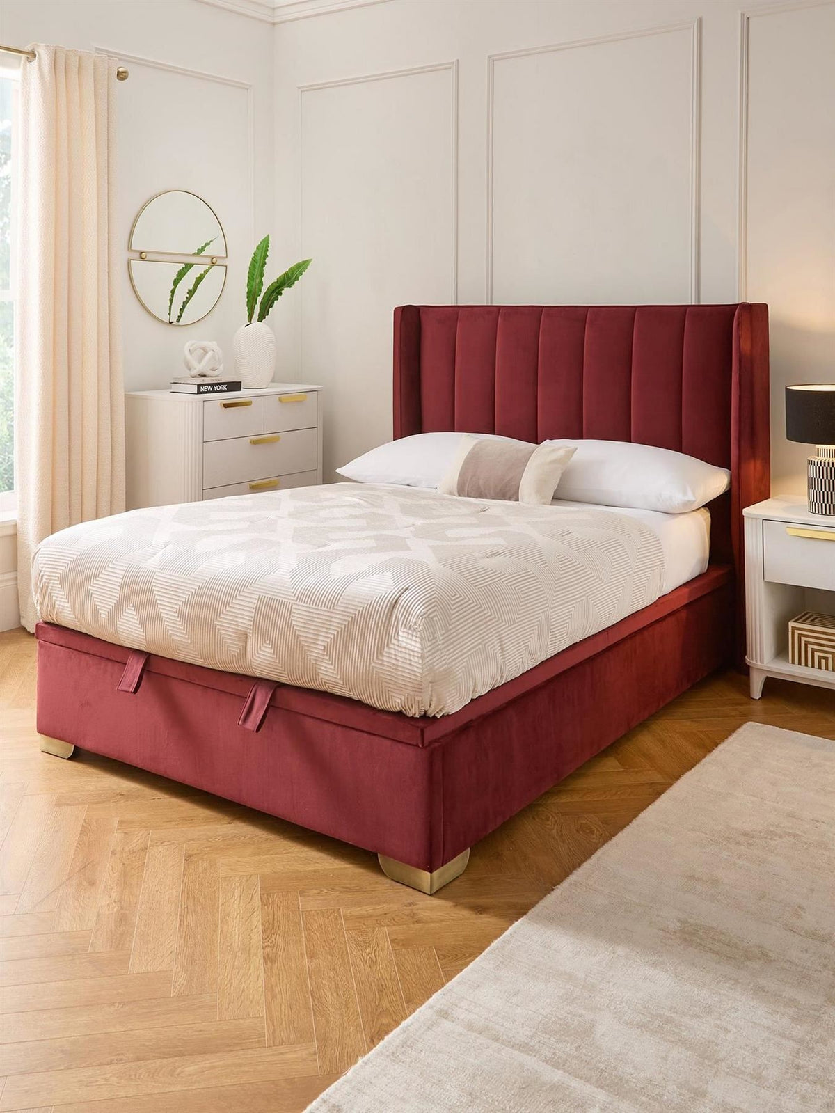Dakota Velvet Lift Up Ottoman Double Bed Modern Bedroom Design