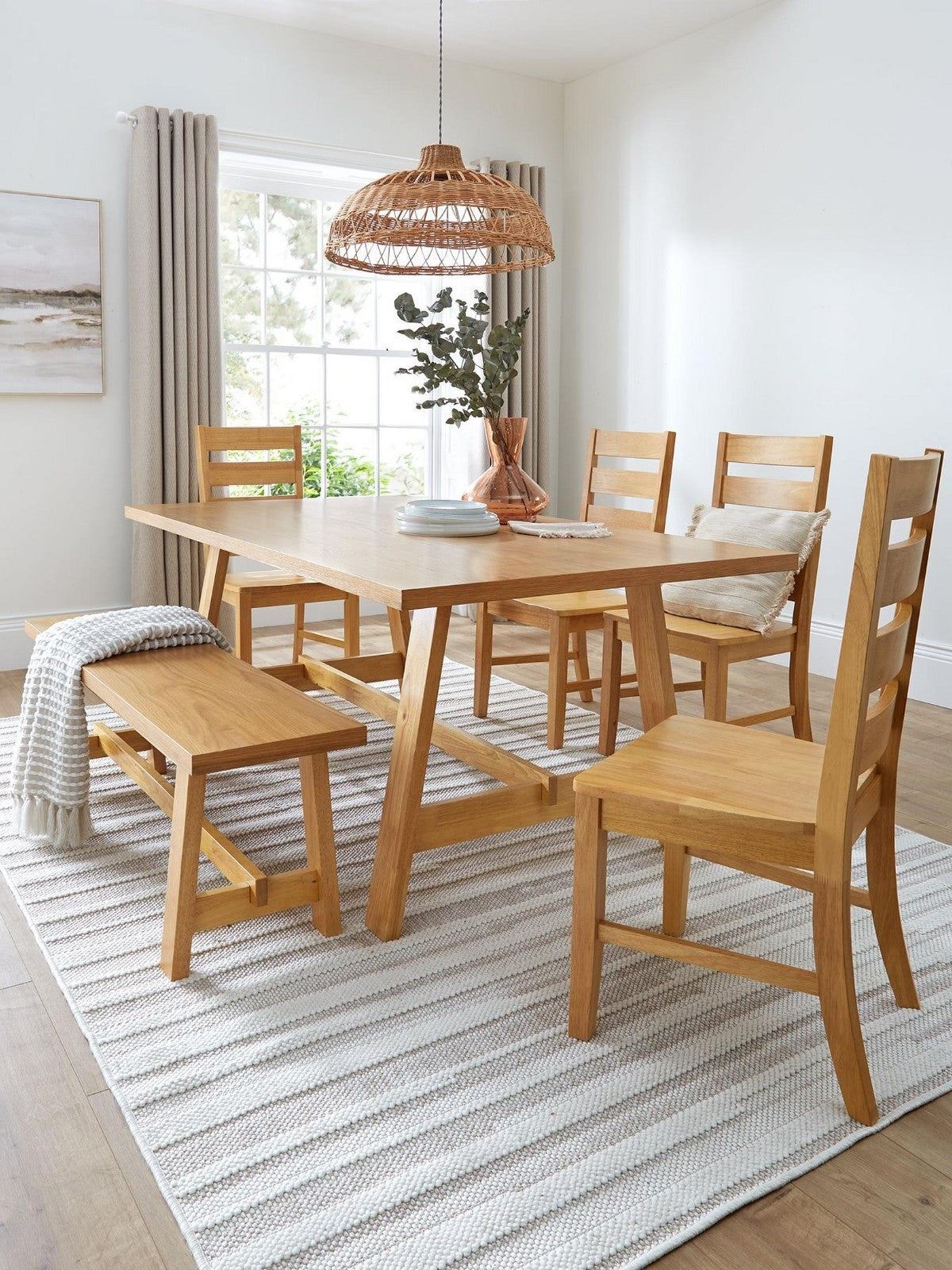 Scottsdale Dining Set Table 4 Chairs Bench 180cm Oak Veneer
