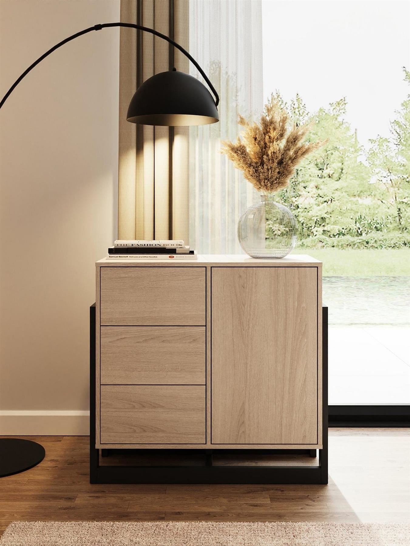 GFW Tait 1 Door 3 Drawer Sideboard Oak Storage Cabinet Living Room