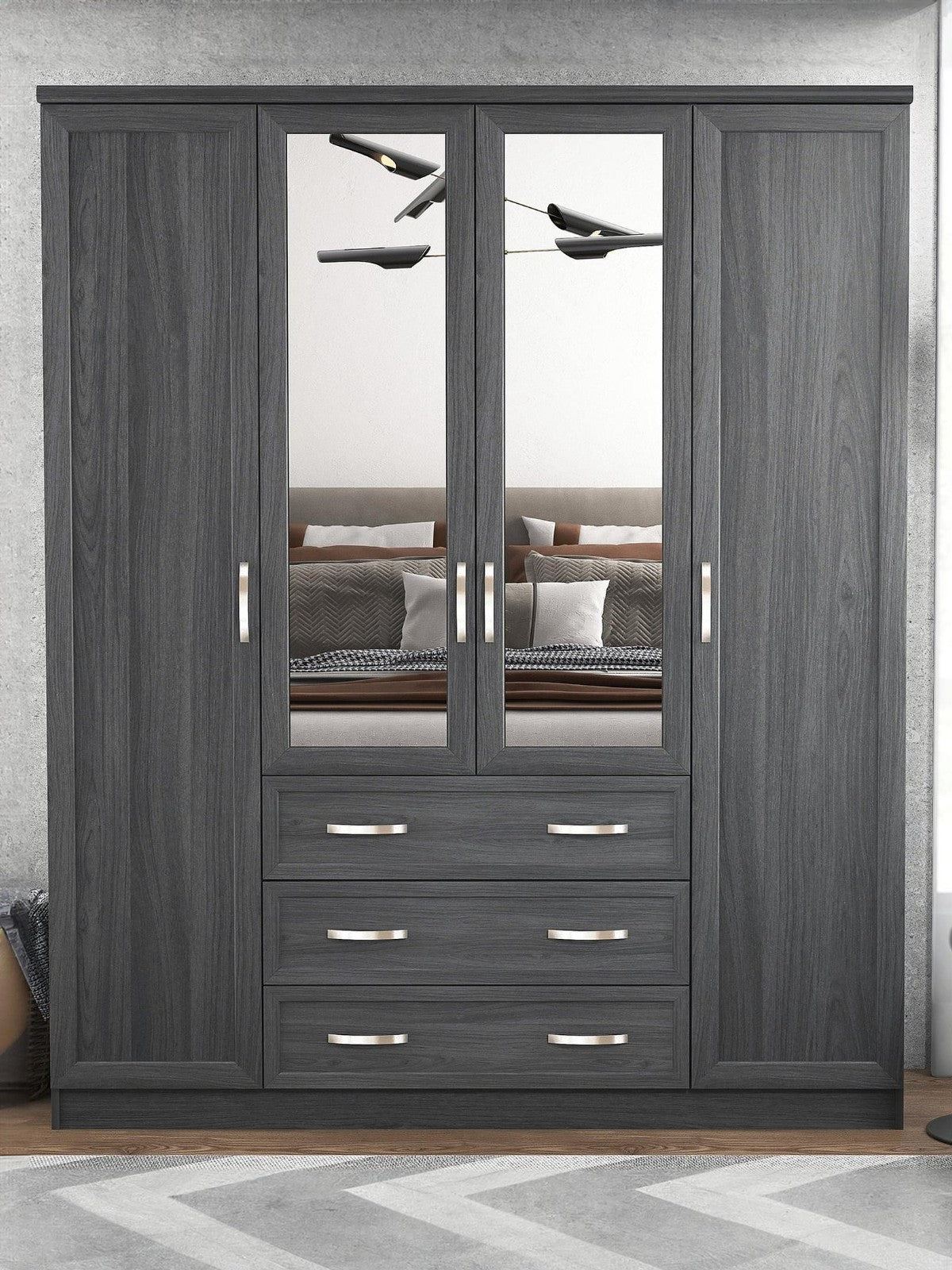 Camberley 4 Door 3 Drawer Mirrored Wardrobe Dark Oak Modern Storage Bedroom