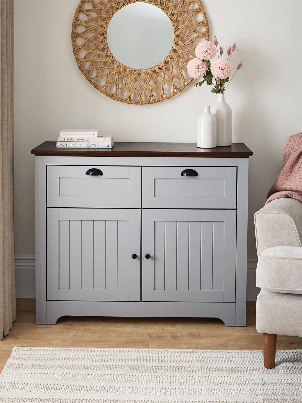 Devon Compact Sideboard & Walnut Rustic Cottage Style 2 Door 2 Drw