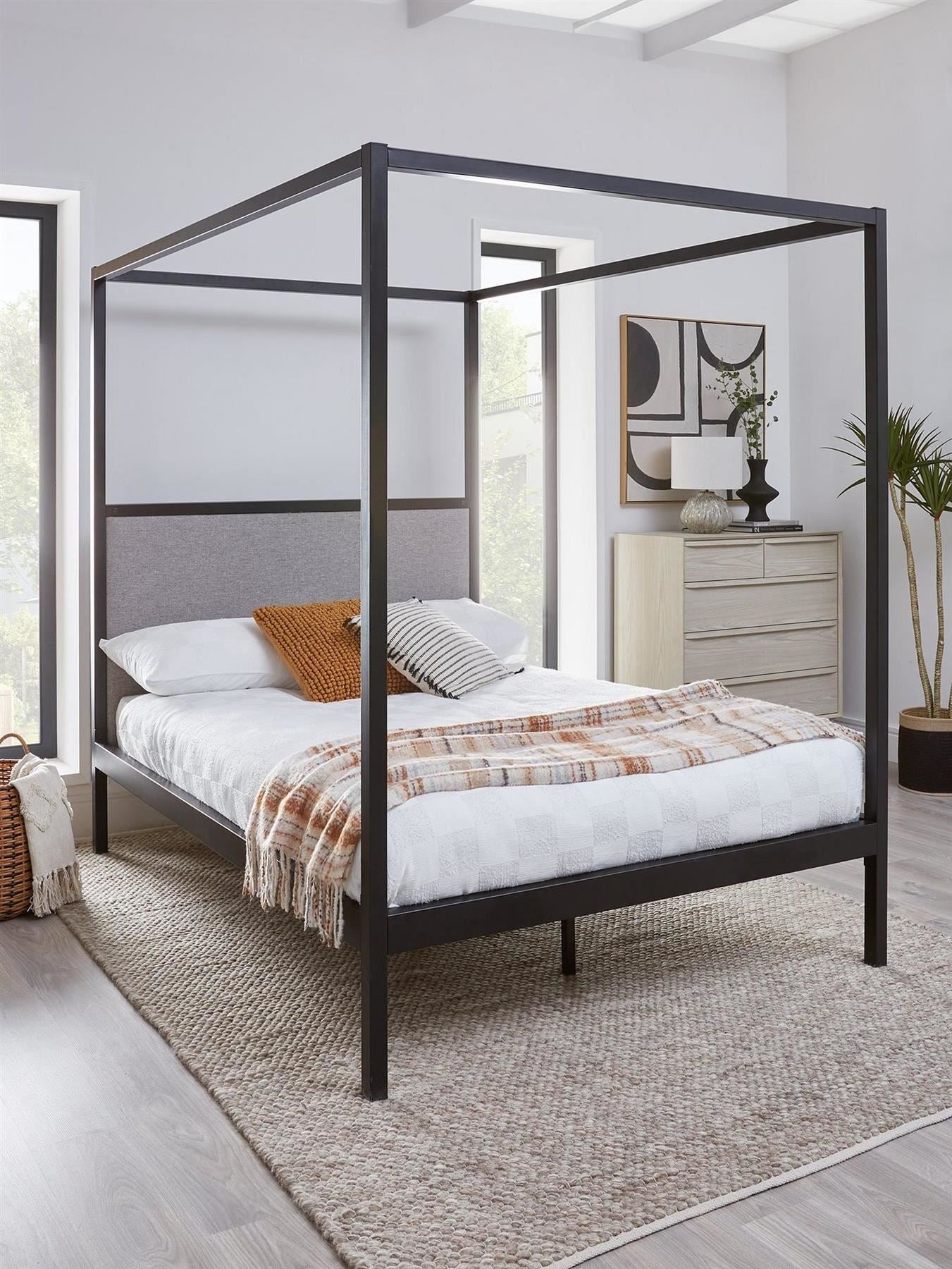Hampton 4 Poster Metal Bed Frame Double Linen Headboard