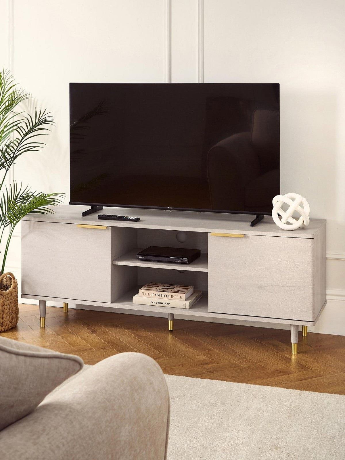Enna TV Unit Oak Gold Handles fits up to 65 inch Media Stand